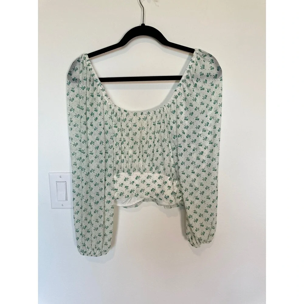 Free People Fia Wrap Top Women Boho Small White Green Floral Mesh Cottagecore